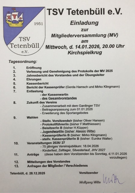 Einladung zur Jahreshauptversammlung 14.01.26