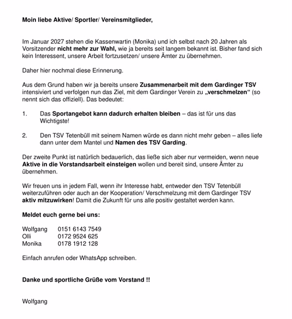 Wichtige Nachricht an alle Mitglieder!